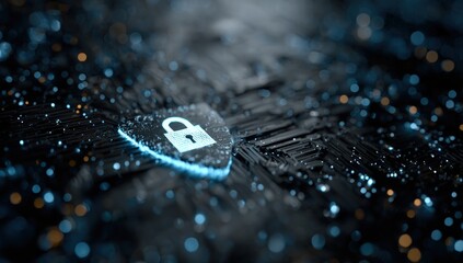 Close-up of a glowing shield with a padlock overlay on an intricate circuit board