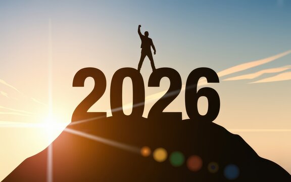 Victorious silhouette on a mountain peak, celebrating success and future goals for the year 2026 at sunrise
