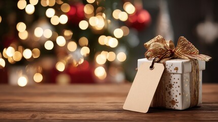 A festive gift box with a blank tag sits on a wooden surface with blurred Christmas tree lights in the background