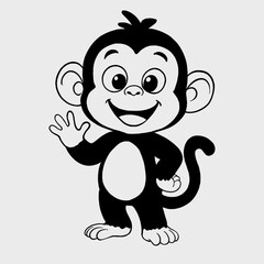 Fototapeta premium Black silhouette drawing of a monkey, cartoon illustration, vector, white background