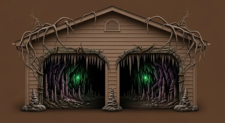 Garage doors transformed into monster faces with glowing eyes and sharp teeth