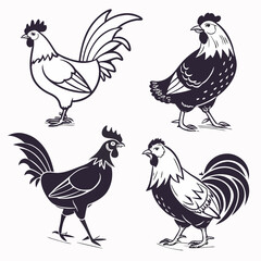 Collection of four stylized rooster illustrations in black and white line art and silhouette styles