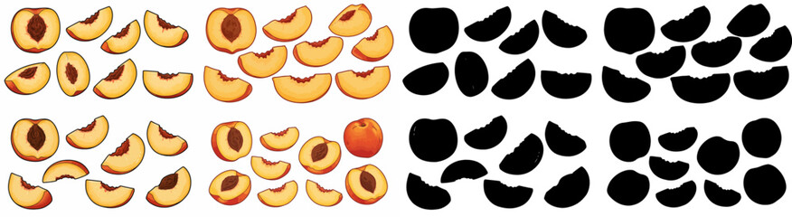 Peach slices and silhouettes with transparent background
