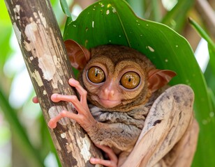 Fototapeta premium Close-up of a small, furry primate clinging to a tree branch, large eyes, reddish-brown fur, tropical leaves