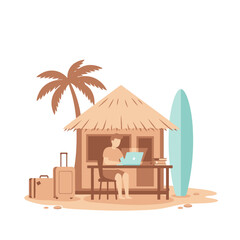 Naklejka premium Remote Work Paradise Freelancer Working from Beach Hut Office with Surfboard and Palm Tree