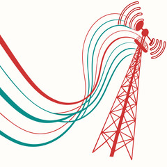 Red communication tower broadcasting signals with flowing red and teal lines on a white background