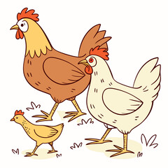 Three cartoon chickens of different colors and sizes walking together in the grass