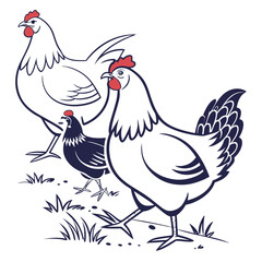 Three stylized chickens with red combs and wattles walking on grass in a simple graphic illustration