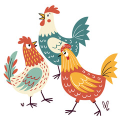 Three stylized roosters with colorful feathers and distinct personalities standing together
