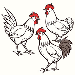 Three stylized roosters with red combs and wattle depicted in a simple line art style