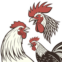 Three stylized roosters with red combs and wattles on a white background
