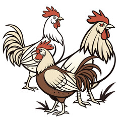 Three stylized roosters with red combs and wattles stand in grass against a white background