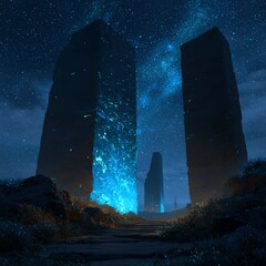 Alien ruins glowing with cosmic energy, starlit sky