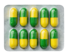 Blister pack of yellow and green capsules (1)