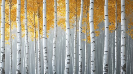 Obraz premium Misty birch forest in autumn. Golden leaves