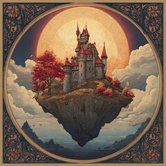 Castle on floating island framed with Art Nouveau ornament glowing