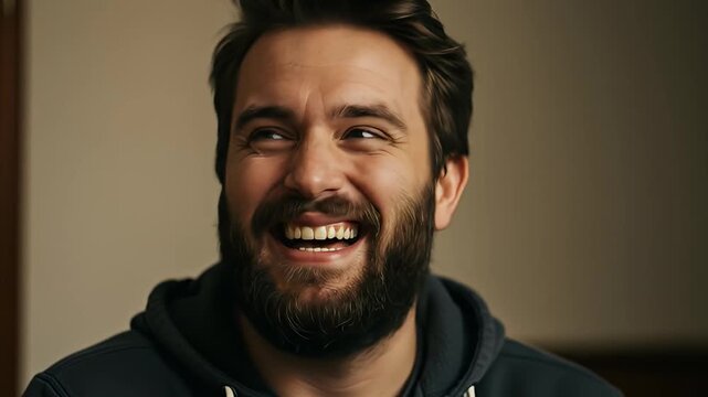 Man with dark hair and a full beard wearing a dark hoodie, laughing joyfully