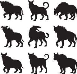 Nine black silhouette wild animal poses on white background hyena predator