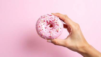 Hand holding pink glazed donut with sprinkles
