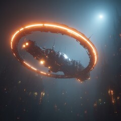 Futuristic space station glowing with neon rings, wide cinematic view