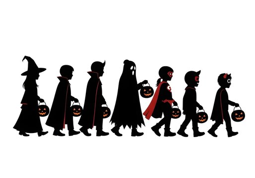 halloween silhouettes trick or treating in black clip art preview