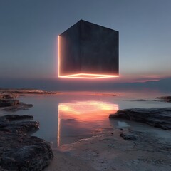 Minimalist black cube floating over neon desert