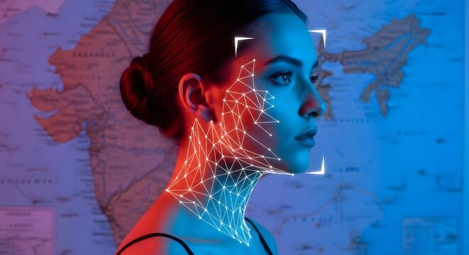 Woman's profile with face recognition technology and map background in red and blue lighting