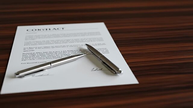 Contract document and two silver pens resting on a shiny, dark-grained wooden surface