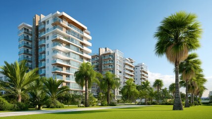 Modern residential apartment building with palm trees and green lawn under a clear blue sky, architecture concept for real estate.