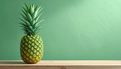 Single pineapple on a light wooden surface against a textured mint green background