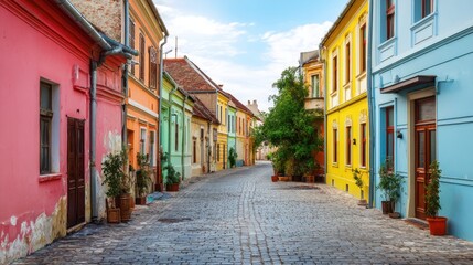 Cobblestone street lined with colorful historic European buildings. Old town street scene with vibrant facades and a clear sky for travel.