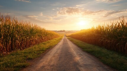 Fototapeta premium Country road through corn field at sunset. Warm golden light over rural path during summer evening. Agricultural landscape.