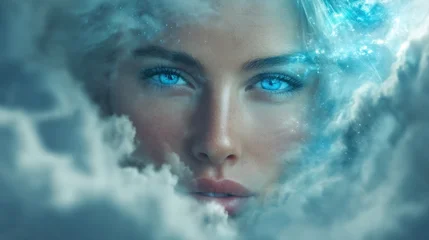 Sierkussen Meisjeskamer Close up woman face with bright blue eyes peering through smoke. Mysterious fantasy portrait with ethereal light. Spiritual beauty and magic.  © backup_studio