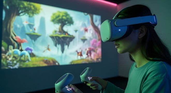 Woman Experiencing Virtual Reality Game with Headset and Controllers in a Dark Room