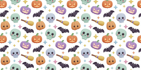 Adorable Halloween Pattern: Pumpkins, Bats, Skulls, and Witches' Brooms