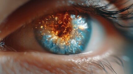 Close up of a woman’s blue eye with an electronic circuit pattern superimposed over the iris. Concept of cybernetic optical interface for future technology AI.