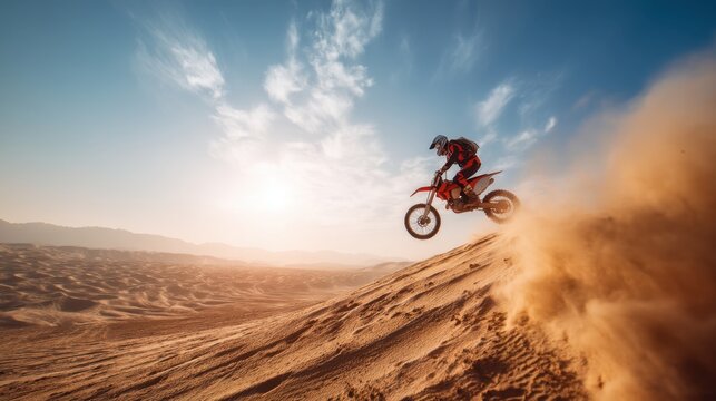 Man riding motocross bike up a sand dune during sunset. Extreme sports and desert adventure concept. Off-road motorcycle activity.