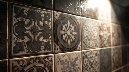 A artisan bathroom tilework, hand-painted patterns, moody gray grout, close-up with misted mirror reflections, warm natural lighting, copy space