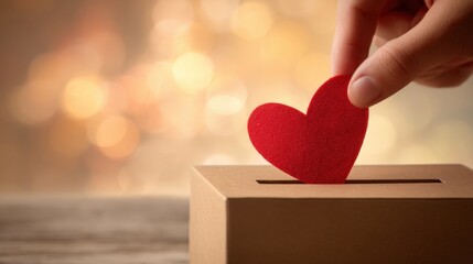 Hand of a man putting red heart into carton box. Charity box for donations. Love, gift, and kindness concept for Valentine's Day.