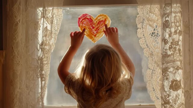 Little Girl with Paper Heart Against Sunlight Window in Home Interior