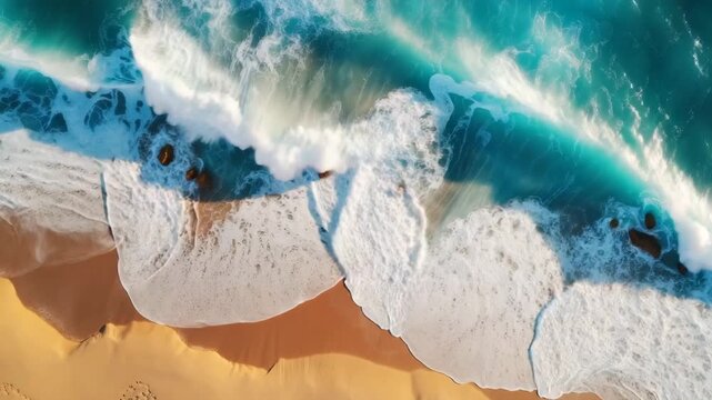 Aerial View of Ocean Waves Crashing on Sandy Beach with Turquoise Water and Foam
