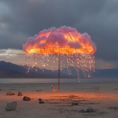 Surreal umbrella raining neon drops in desert