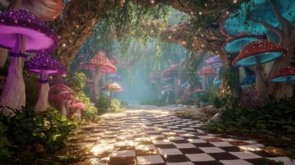 Magical forest with checkerboard path through giant glowing mushrooms. Enchanted wonderland landscape. Fairytale dream scene for kids.