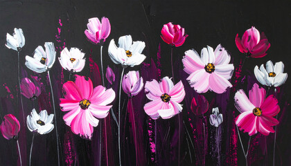 Oil painting of floral field in dark tones, abstract brush strokes in deep pink and soft white.