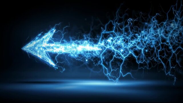 A bright blue electric arrow travels swiftly across a black space. The arrow leaves a trail of sparkling particles and electric sparks as it moves at speed.