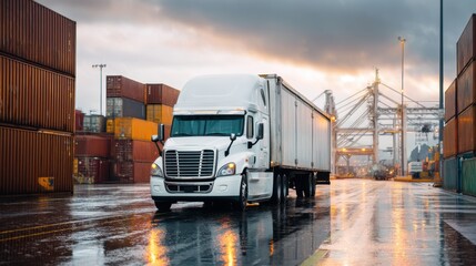White semi truck with trailer driving on wet road at sunset in a shipping port. Global logistics delivery and cargo transport concept.