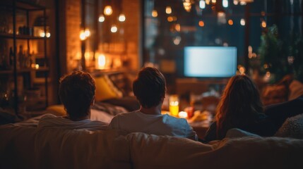 Obraz premium Two men and a woman comfortable on sofa watching television. Friends relaxing at night enjoying home entertainment. Cozy living room setting.