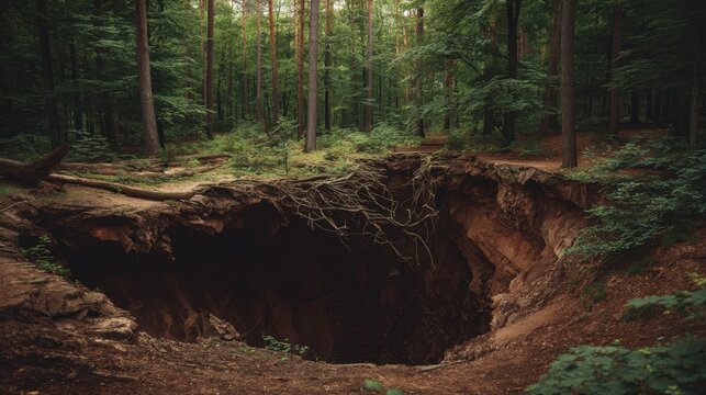 Large sinkhole in a dense green forest surrounded by tall trees and lush foliage. Deep natural pit with exposed tree roots for ecological education.