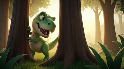 Animated, cartoon-style, friendly green dinosaur peeks out from behind tree trunks in a forest - Powered by Adobe