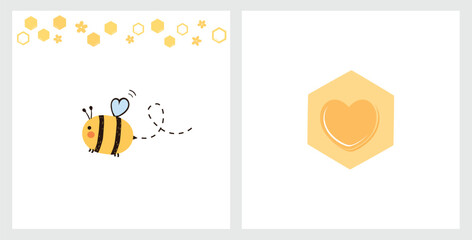 Bee cartoon, beehive honey sign, small flower and yellow heart logo on hexagon sign isolated on white backgrounds vector.